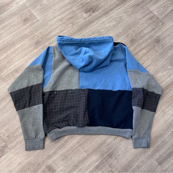 Carhartt Upcycled Handmade Patchwork Fall Flannel Blue Gray Relaxed Baggy Hoodie - Picture 2 of 4